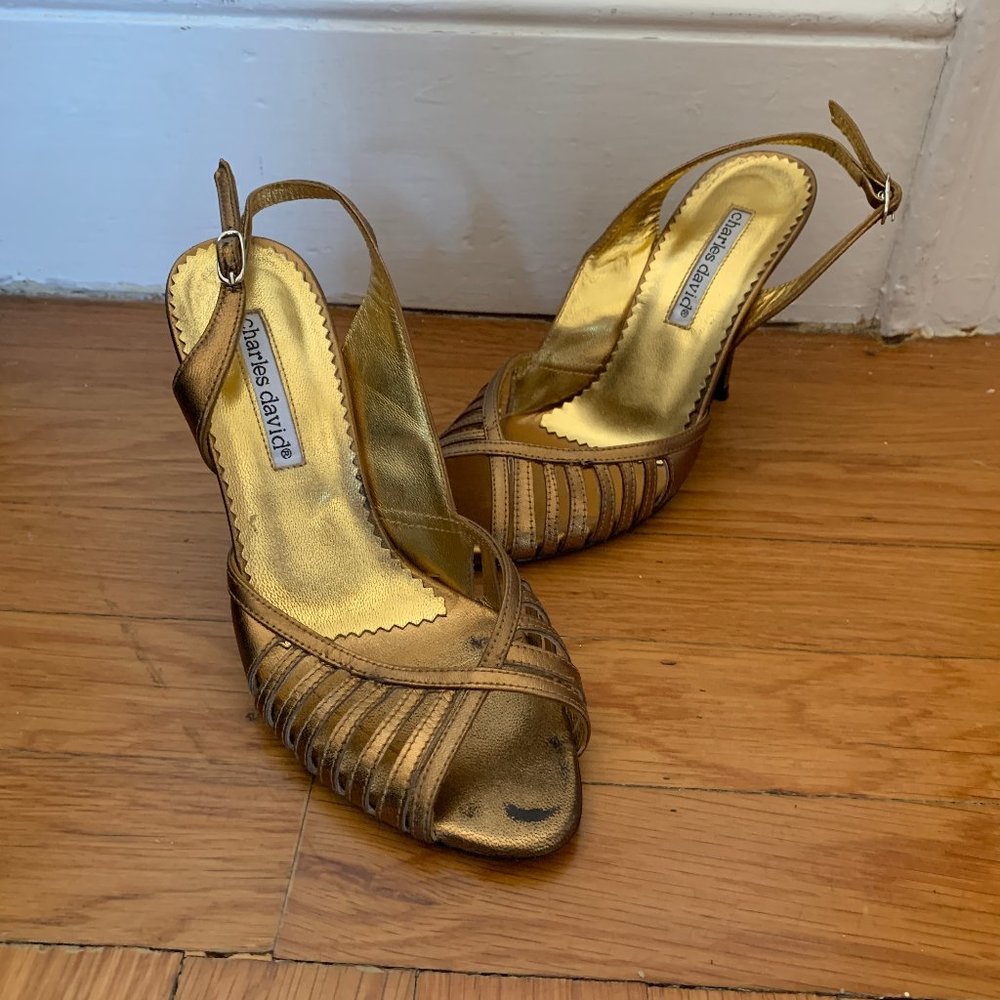 CHARLES DAVID GOLD SANDAL HIGH HEELS